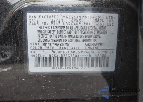 2019 Nissan Sentra S z USA, uszkodzony, nr VIN 3N1AB7AP6KY327159